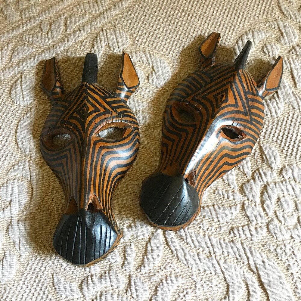 Vintage Hand Carved Wood Zebra Tribal Masks Pair • Boho Safari Art